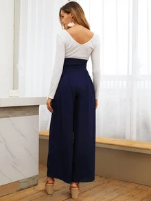 SHEIN Privé Pocket Side Wide Leg Self Tie Pants - Navy Blue - View 2