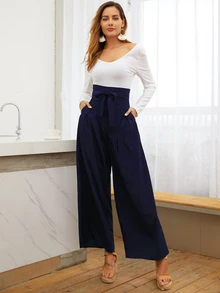 SHEIN Privé Pocket Side Wide Leg Self Tie Pants - Navy Blue - View 4