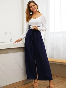 SHEIN Privé Pocket Side Wide Leg Self Tie Pants - Navy Blue - View 5
