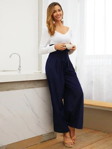 SHEIN Privé Pocket Side Wide Leg Self Tie Pants - Navy Blue - View 3