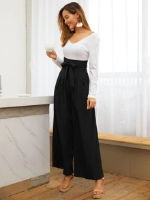 SHEIN Privé Pocket Side Wide Leg Self Tie Trousers - Black - View 1