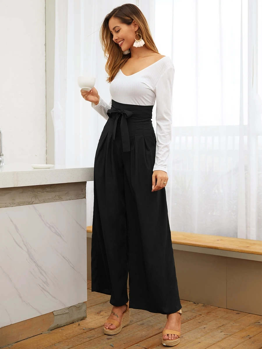 SHEIN Privé Pocket Side Wide Leg Self Tie Trousers - Black - View 1