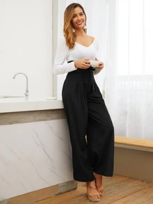 SHEIN Privé Pocket Side Wide Leg Self Tie Trousers - Black - View 3