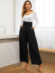 SHEIN Privé Pocket Side Wide Leg Self Tie Trousers - Black - View 4