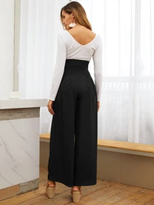 SHEIN Privé Pocket Side Wide Leg Self Tie Trousers - Black - View 2