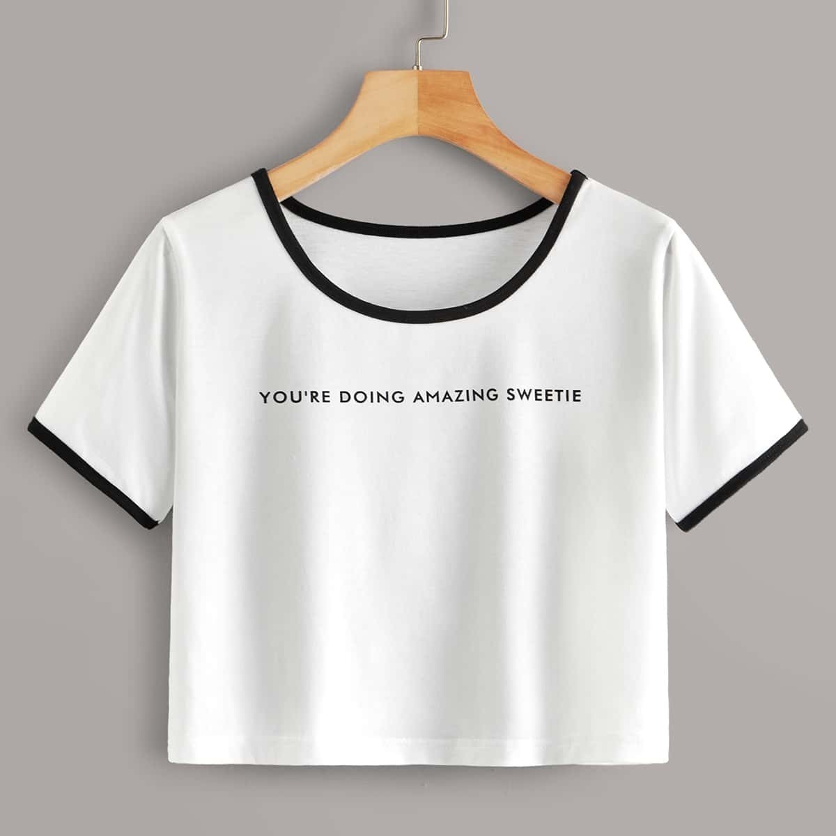 

Letter Print Crop Ringer Tee, White