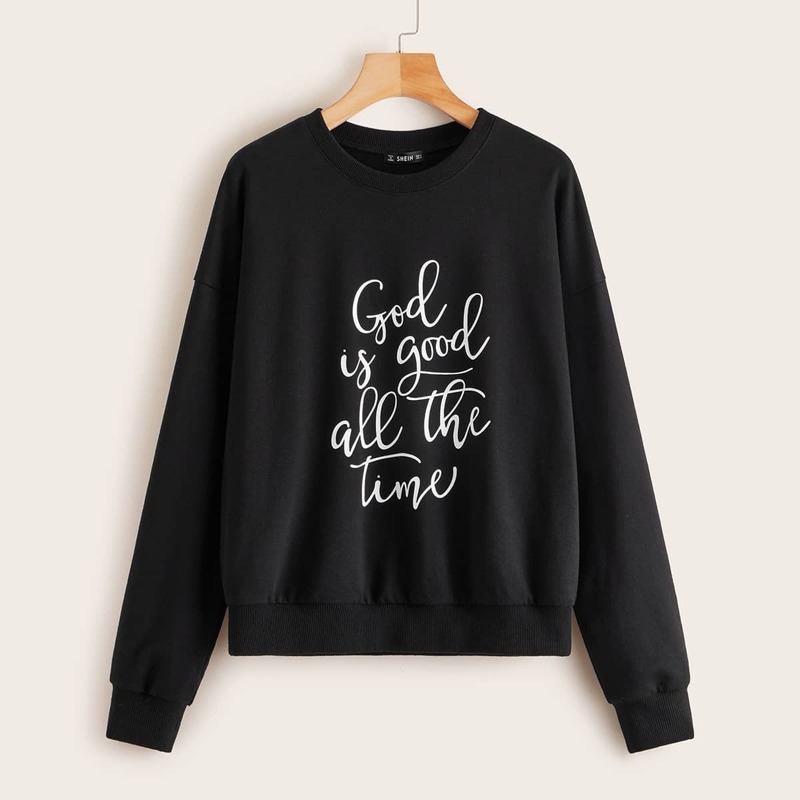 

Slogan Print Drop Shoulder Pullover, Black