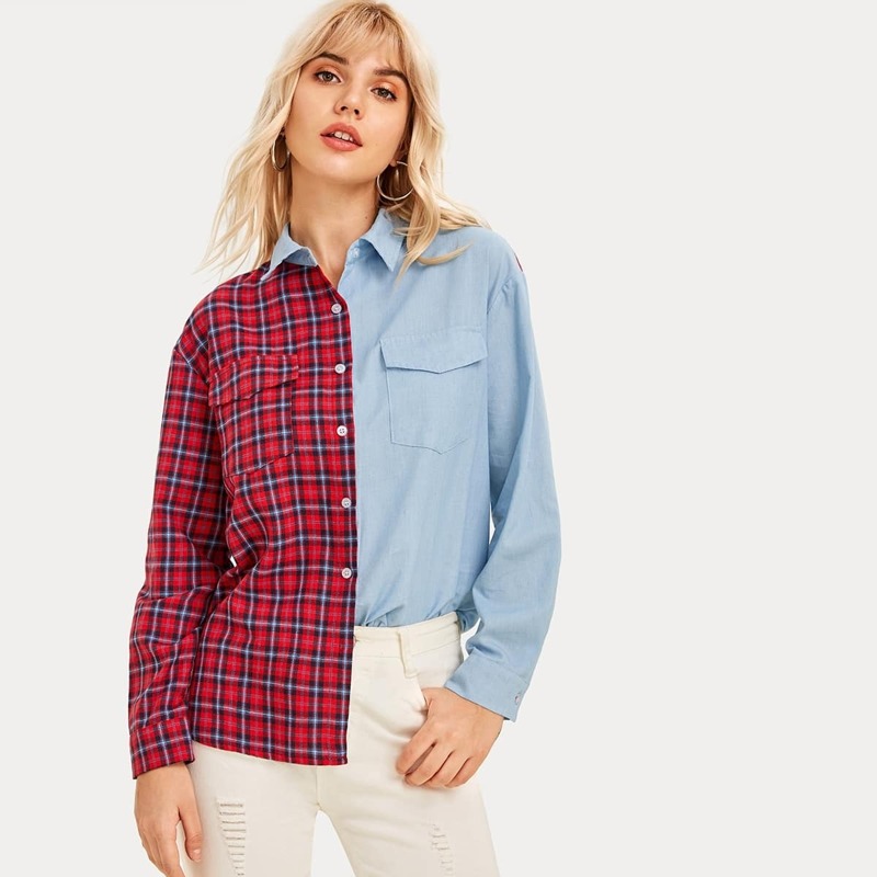 

Contrast Plaid Curved Hem Blouse, Multicolor
