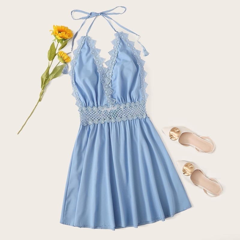 

Contrast Lace Trim Knot Halter Dress, Blue