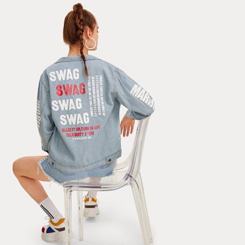 

Letter Print Ripper Denim Jacket, Blue