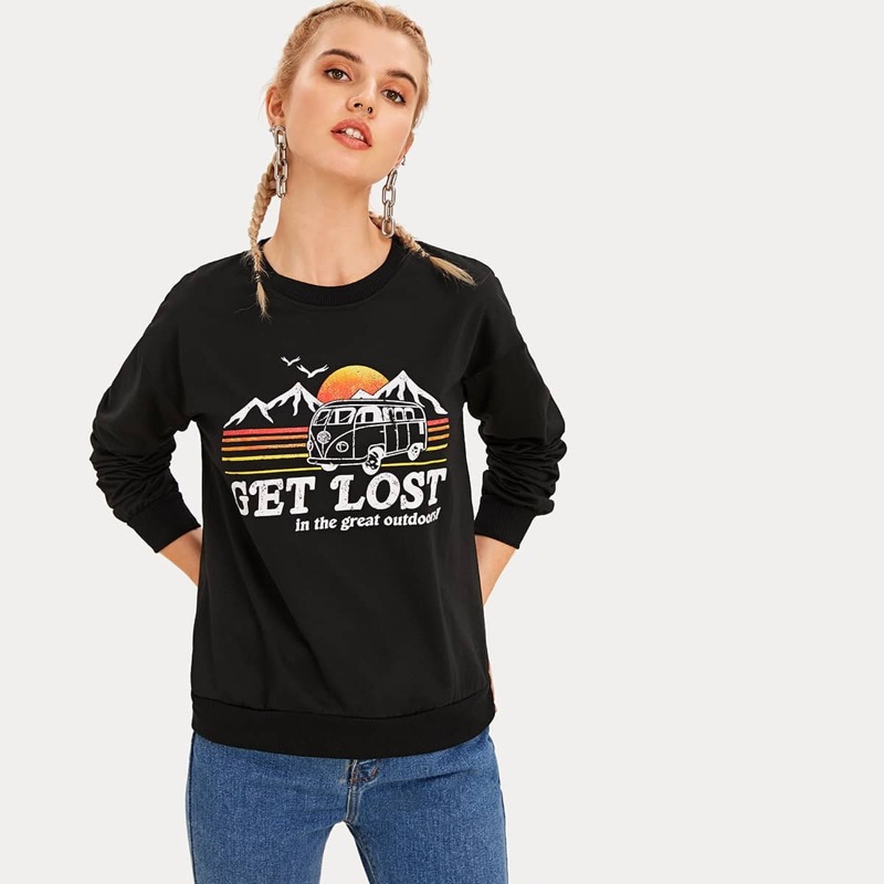 

Landscape And Letter Print Sweatshirt, Black