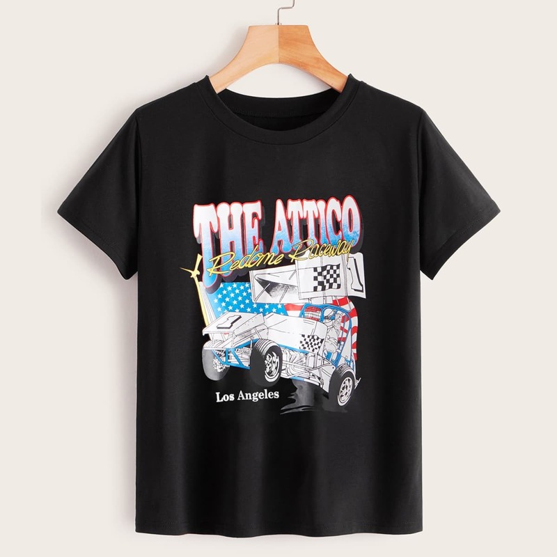 

Car And Letter Print Tee, Black