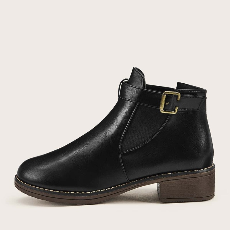 

Side Buckle PU Elastic Ankle Boots, Black