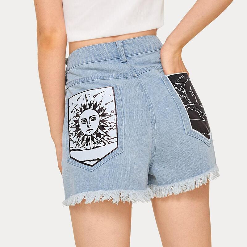 

Sun Print Raw Hem Denim Shorts, Blue