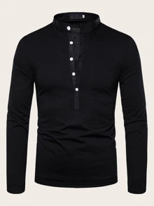 Manfinity Homme Men Half Button Stand Neck Long Sleeve Plain Going Out Casual Polo Shirt For Husband, Men Henley Shirt Long Sleeve, Fall - Black - View 3