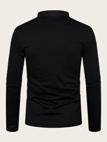 Manfinity Homme Men Half Button Stand Neck Long Sleeve Plain Going Out Casual Polo Shirt For Husband, Men Henley Shirt Long Sleeve, Fall - Black - View 2