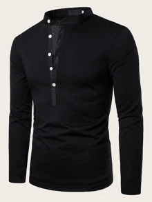 Manfinity Homme Men Half Button Stand Neck Long Sleeve Plain Going Out Casual Polo Shirt For Husband, Men Henley Shirt Long Sleeve, Fall - Black - View 4