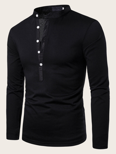 Chemise polo décontractée à manches longues et col montant à demi-boutons unie pour homme, chemise henley à manches longues pour homme, automne