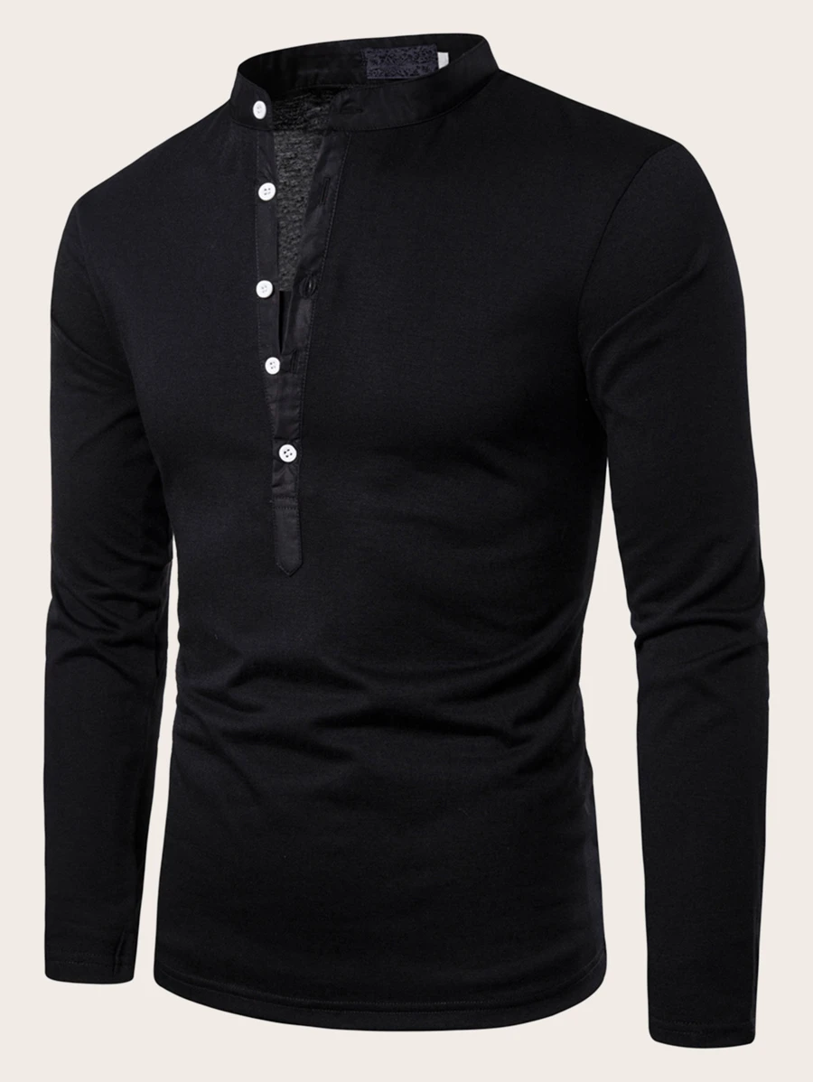 Manfinity Homme Men Half Button Stand Neck Long Sleeve Plain Going Out Casual Polo Shirt For Husband, Men Henley Shirt Long Sleeve, Fall - Black - View 1