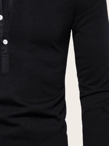Manfinity Homme Men Half Button Stand Neck Long Sleeve Plain Going Out Casual Polo Shirt For Husband, Men Henley Shirt Long Sleeve, Fall - Black - View 6