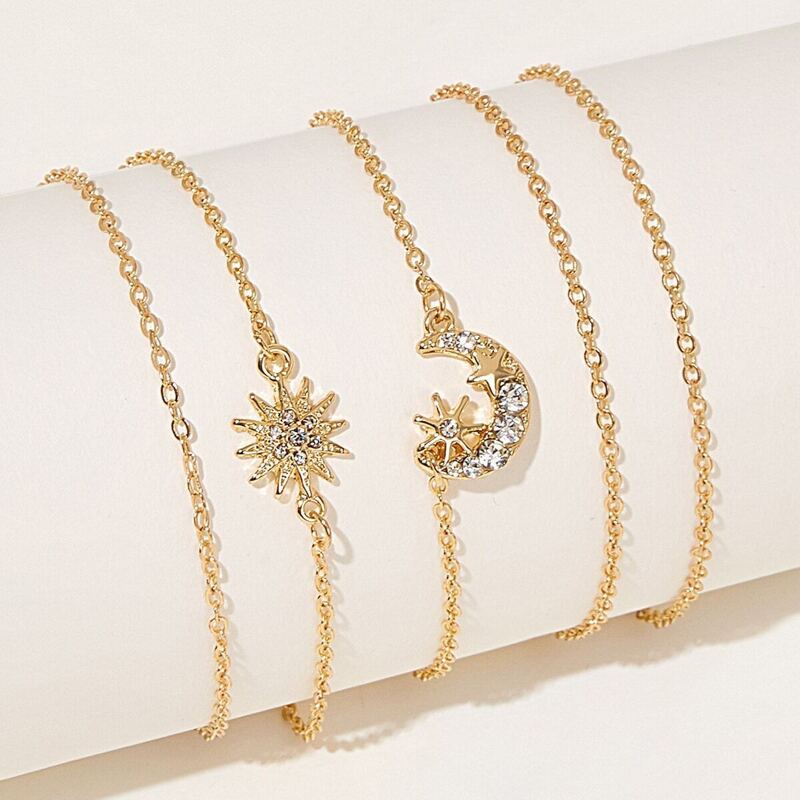 

Rhinestone Moon & Sun Charm Chain Bracelet 5pcs, Gold