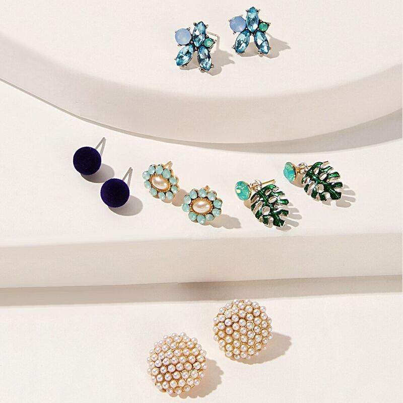 

Gemstone & Faux Pearl Decor Stud Earrings 5pairs, Multicolor