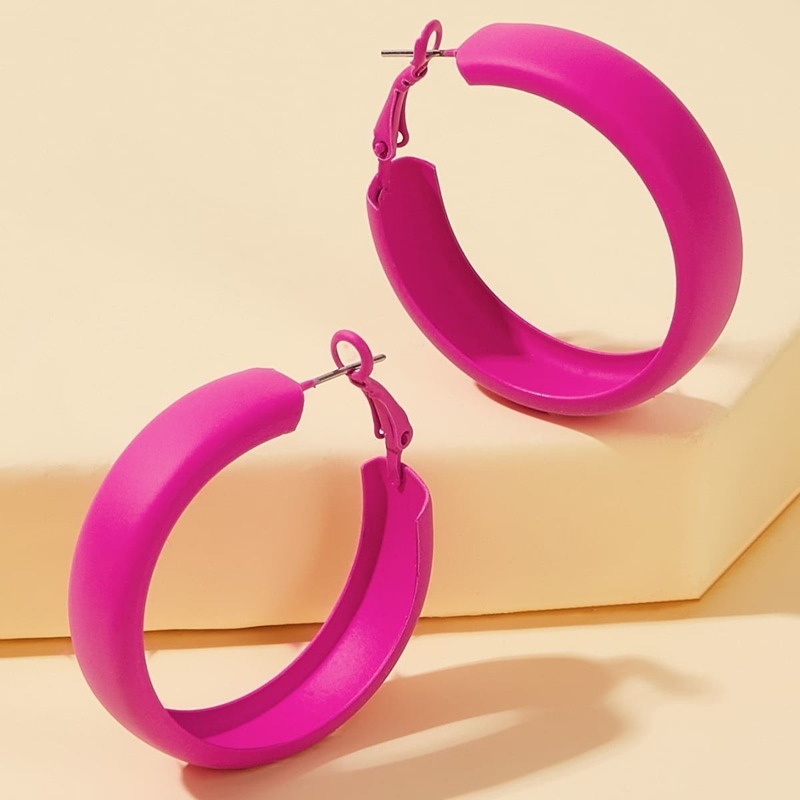 

Wide Metal Hoop Earrings 1pair, Hot pink bright
