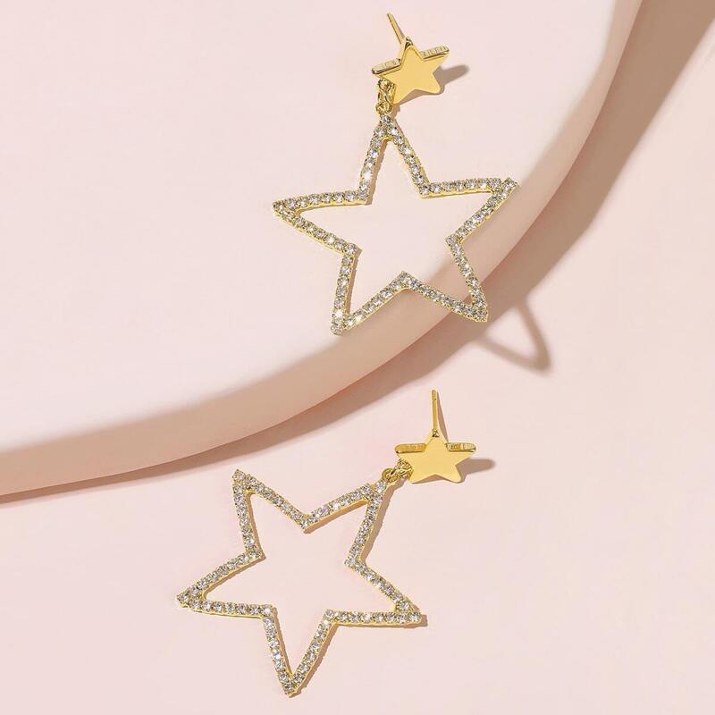 

Rhinestone Decor Double Star Drop Earrings 1pair, Gold