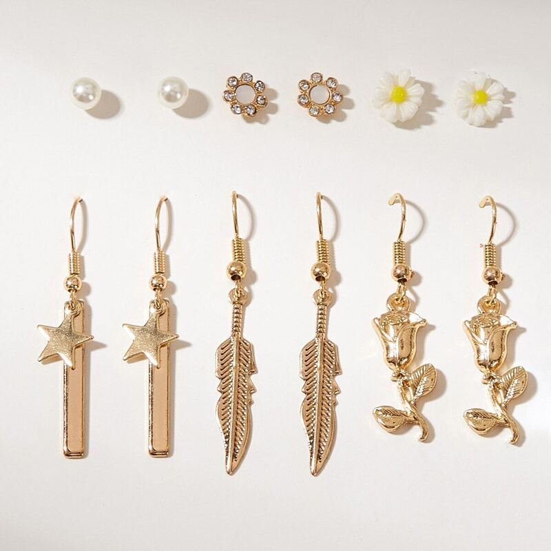 

Flower & Leaf Design Earrings 6pairs, Gold