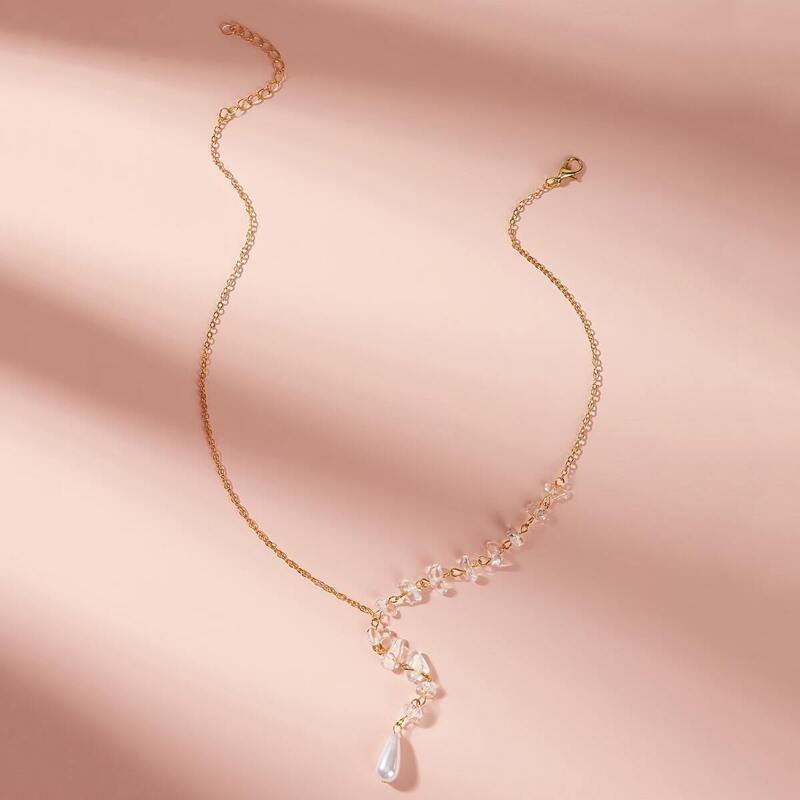 

Stone Decor Faux Pearl Charm Necklace 1pc, Gold