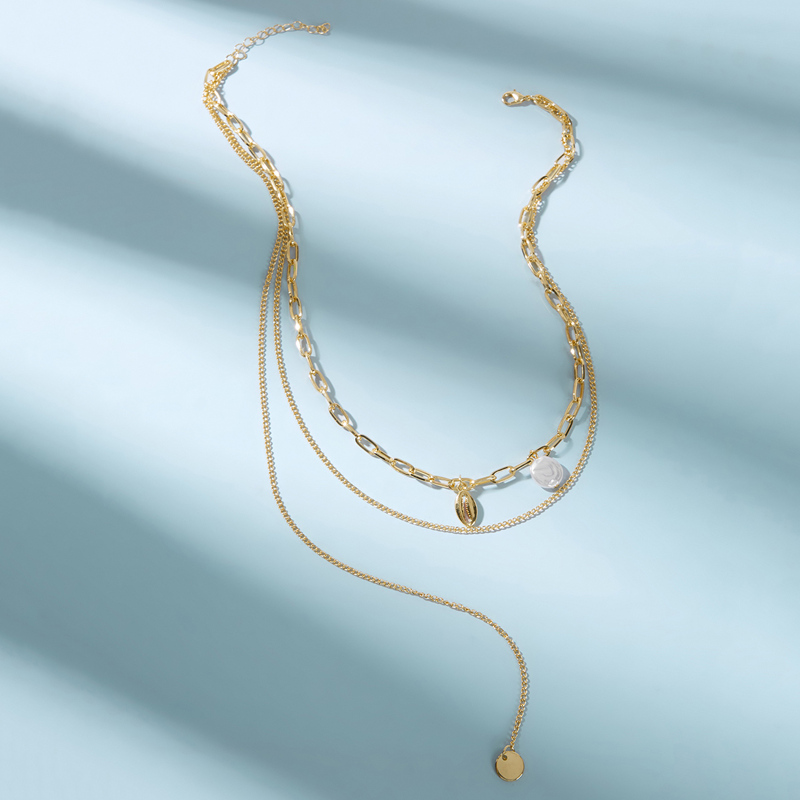 

Shell & Faux Pearl Charm Layered Necklace 1pc, Gold
