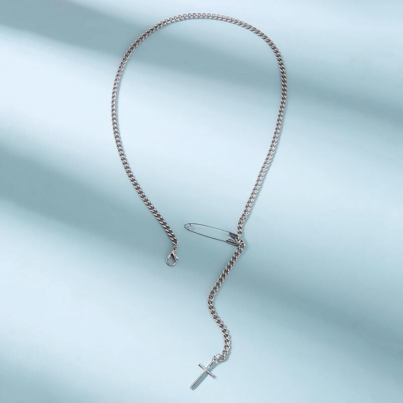 

Cross Decor Safety Pin Lariat Necklace 1pc, Silver