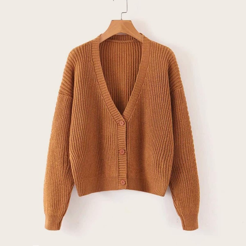 

Solid Button Front Drop Shoulder Cardigan, Brown