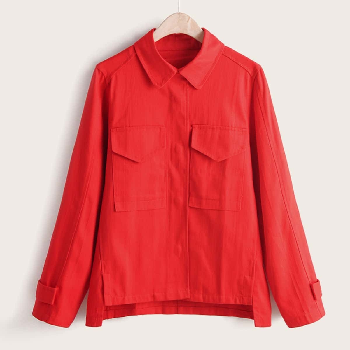 

Slogan Print Pocket Front Coat, Red