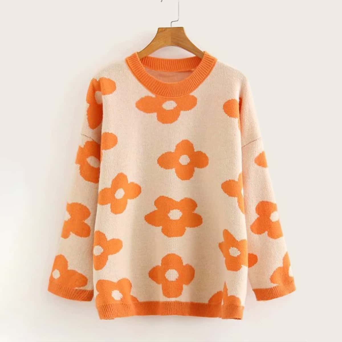 

Floral Print Drop Shoulder Sweater, Orange