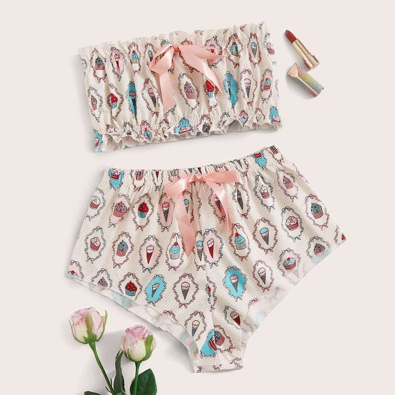 

Ice Cream Print Bandeau With Shorts PJ Set, Multicolor