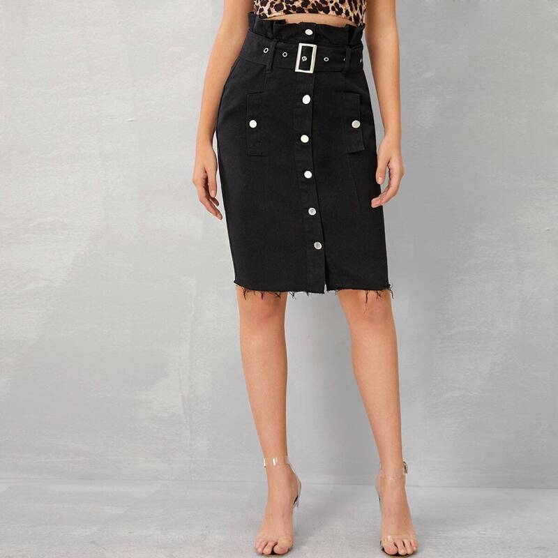 

Paperbag Waist Buttoned Pencil Denim Skirt, Black
