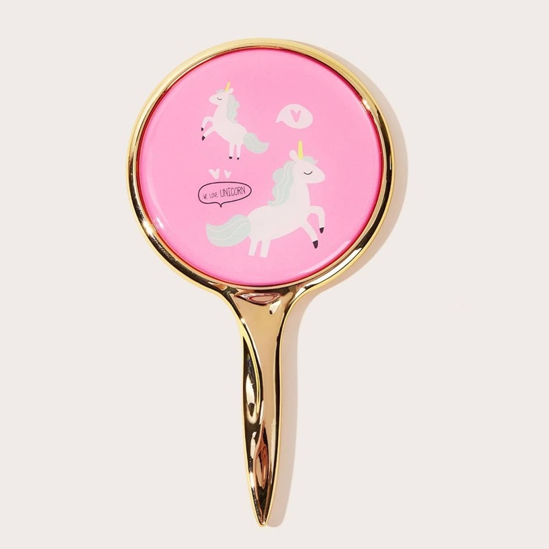 

Portable Unicorn Pattern Mirror With Handle, Pink