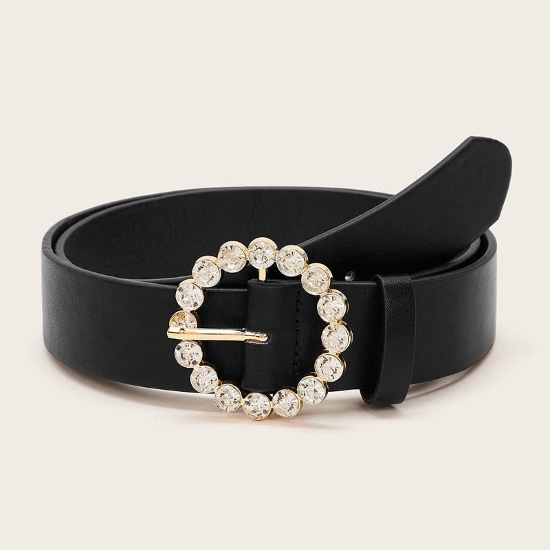 

Rhinestone Engraved Round Buckle Belt, Black