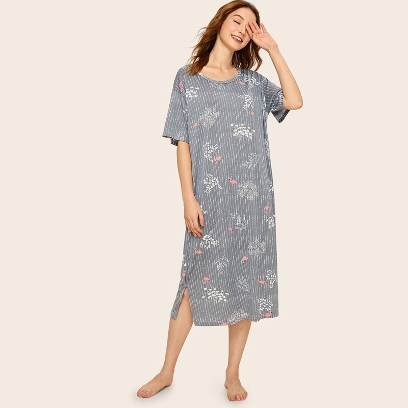 

Flamingo & Leaf Print Striped Night Dress, Grey