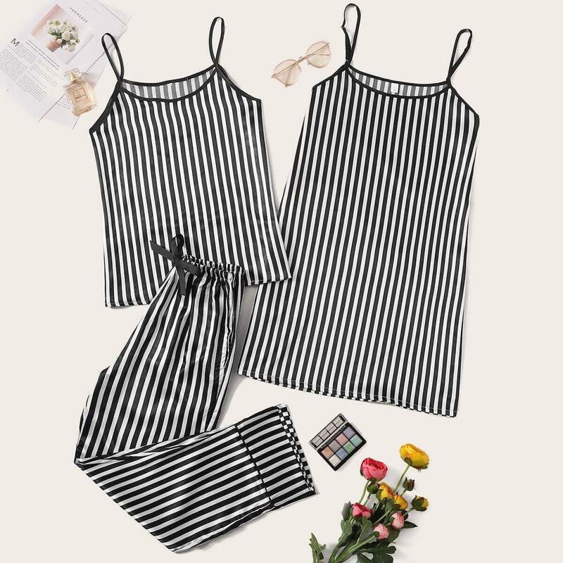 

3Pcs Striped Satin PJ Set With Cami Dress, Black and white