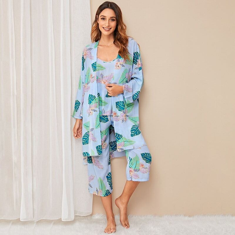 

3Pcs Tropical Print Cami PJ Set With Robe, Blue
