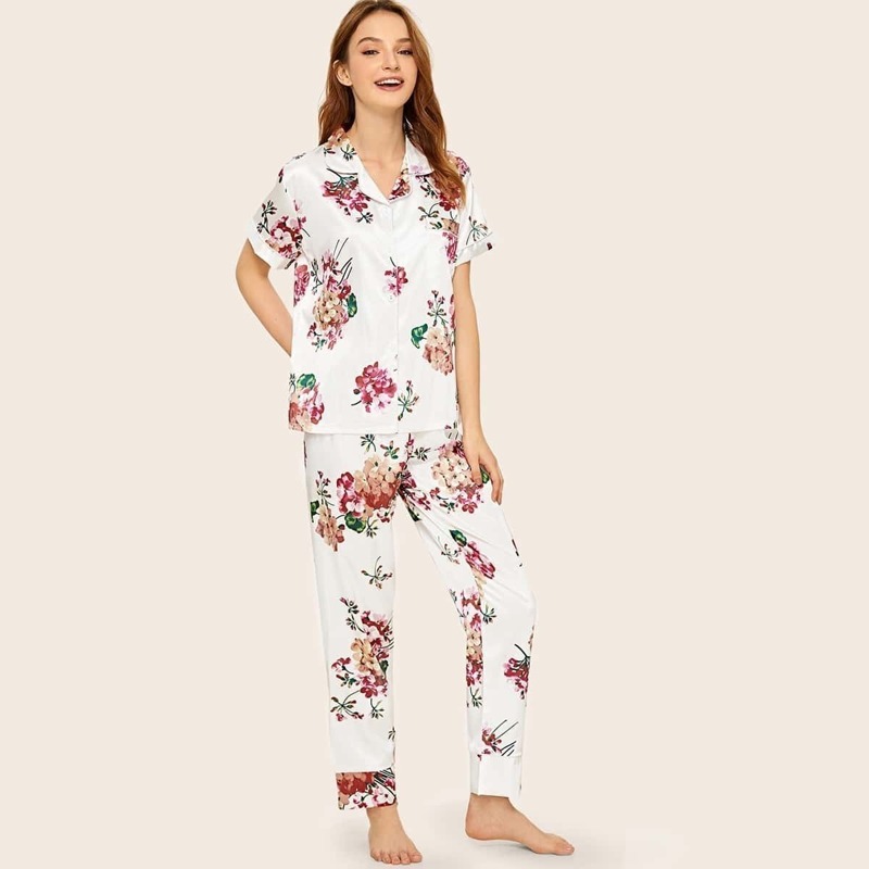 

Floral Print Button-up Satin Pajama Set, White