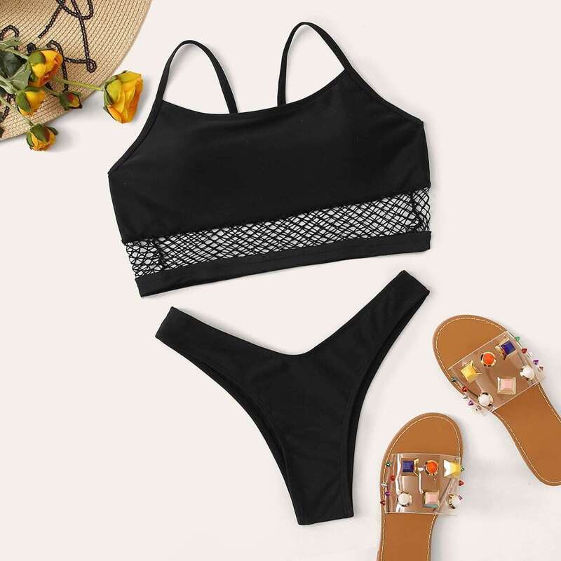 

Contrast Mesh Top With High Cut Bikini Set, Black
