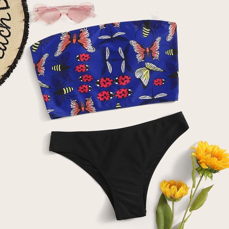 

Insect Print Detachable Strap Bandeau Bikini Set, Multicolor