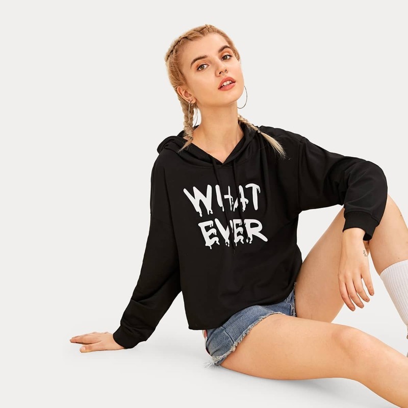 

Letter Print Drawstring Hooded Sweatshirt, Black