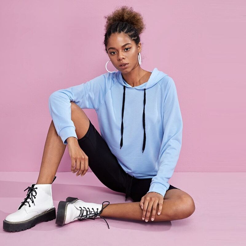 

Drawstring Hem Hooded Sweatshirt, Blue