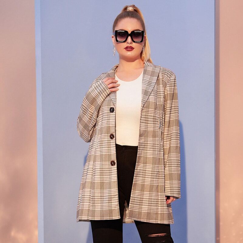 

Plus Plaid Lapel Collar Longline Blazer, Multicolor