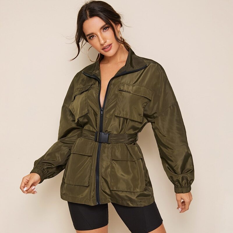 

Zip Up Pocket Patched Coat With Push Buckle Belt, Army green