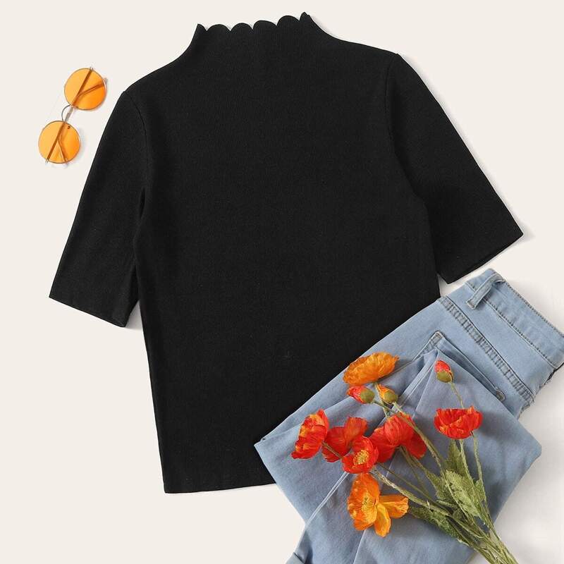 

Mock Neck Scallop Trim Rib-knit Tee, Black